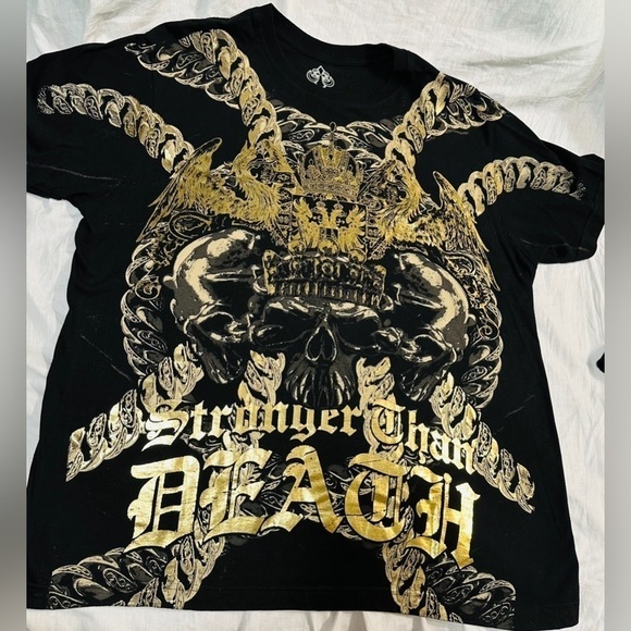 Y2K XAR Unlimited Affliction Men Graphic T Shirt Lg Gold Metallic Cyber Grunge - Picture 1 of 4